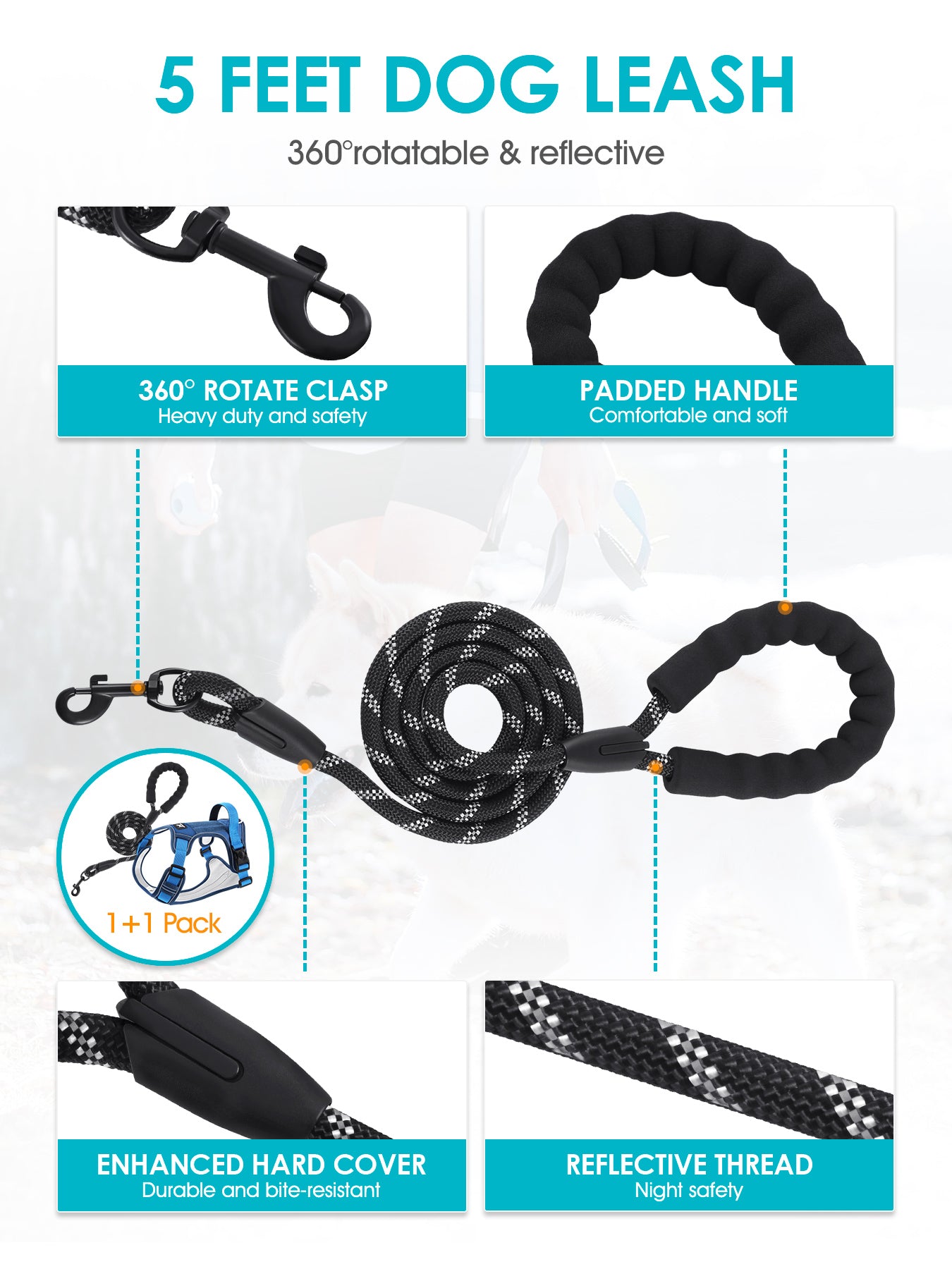 KAIYIKAPET Dog Harness and 5FT Leash Set L Size, No Pull Soft Pet Harness, Reflective No-Choke Pet Oxford Vest with Easy Control Handle for Small Medium Large Dogs