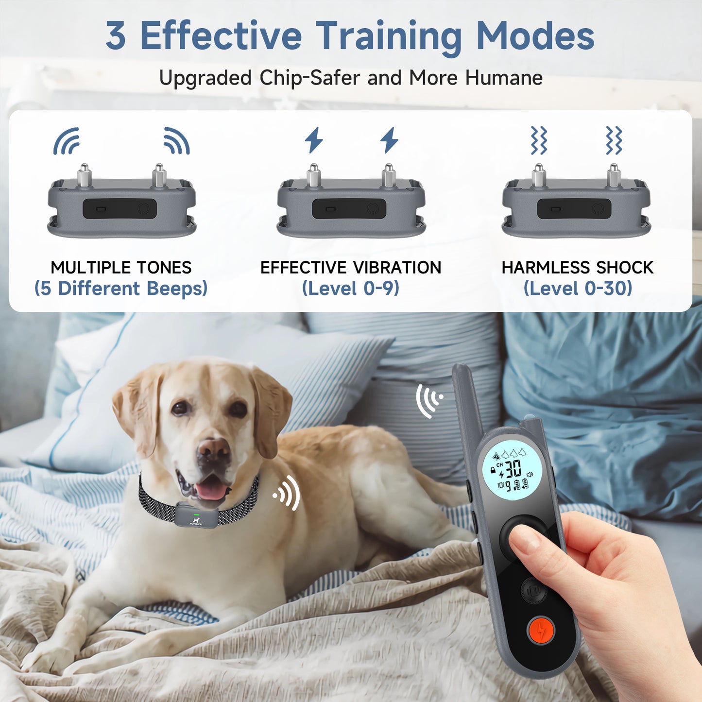 Dog Shock Collar - Dog Training Collar with Remote 3/4 Mile, Rechargeable E-Collar with 3 Safe Training Modes, Security Lock, Flashlight, IPX7 Waterproof Shock Collar for All Breeds, Sizes