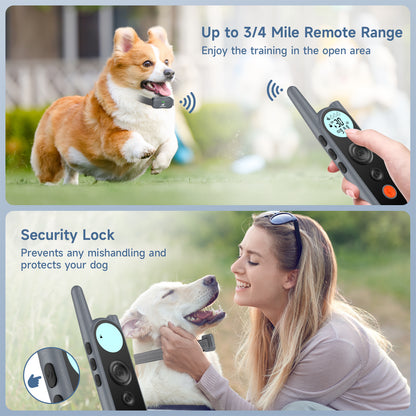 Dog Shock Collar - Dog Training Collar with Remote 3/4 Mile, Rechargeable E-Collar with 3 Safe Training Modes, Security Lock, Flashlight, IPX7 Waterproof Shock Collar for All Breeds, Sizes